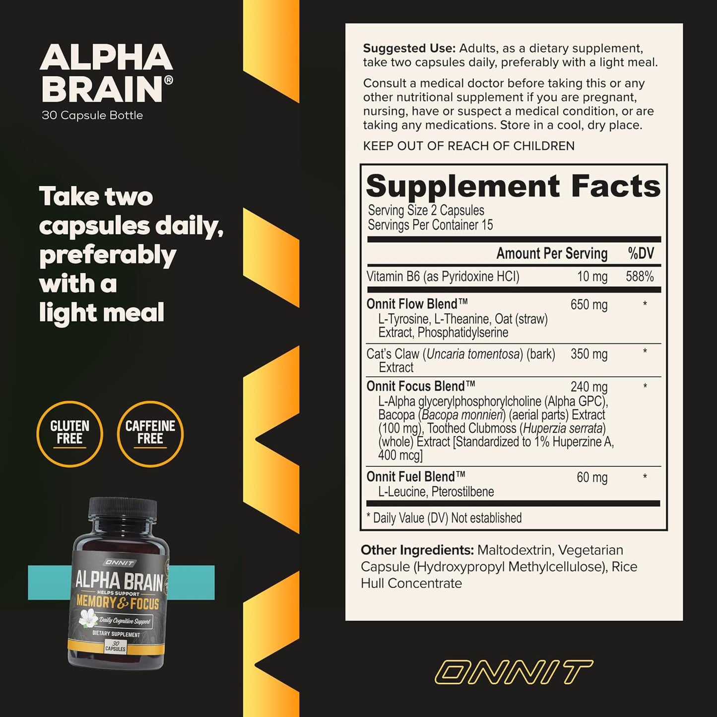 ONNIT Alpha Brain Premium Nootropic Brain Supplement, 30 Count, for Men & Women - Caffeine-Free Focus Capsules for Concentration, Brain Booster& Memory Support