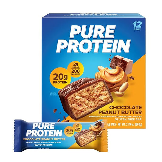 Pure Protein Bars, High Protein, Nutritious Snacks to Support Energy, Low Sugar, Gluten Free, Chocolate Peanut Butter, 1.76oz, 12 Count