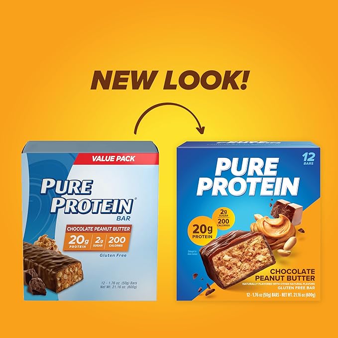 Pure Protein Bars, High Protein, Nutritious Snacks to Support Energy, Low Sugar, Gluten Free, Chocolate Peanut Butter, 1.76oz, 12 Count