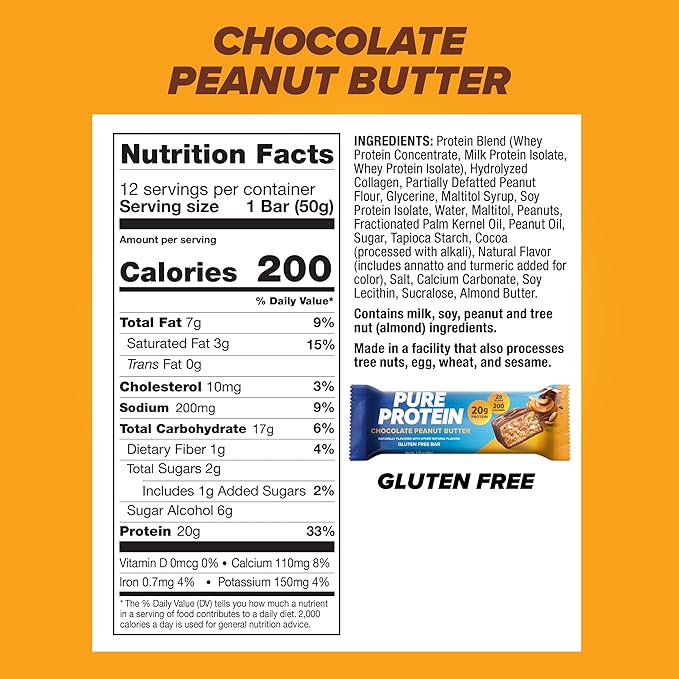 Pure Protein Bars, High Protein, Nutritious Snacks to Support Energy, Low Sugar, Gluten Free, Chocolate Peanut Butter, 1.76oz, 12 Count