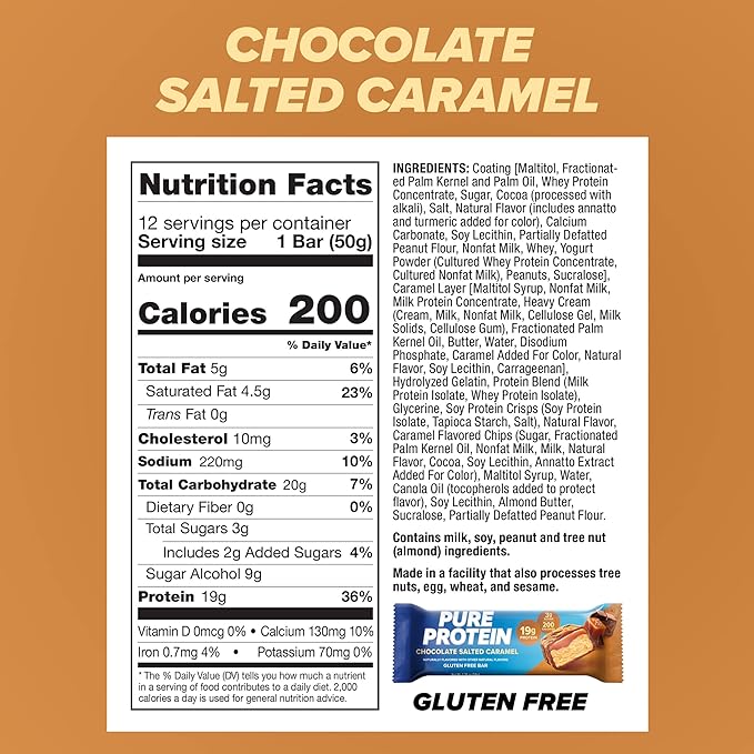 Pure Protein Bars, High Protein, Nutritious Snacks to Support Energy, Low Sugar, Gluten Free, Chocolate Salted Caramel, 1.76 oz., 12 Count (Pack of 1)