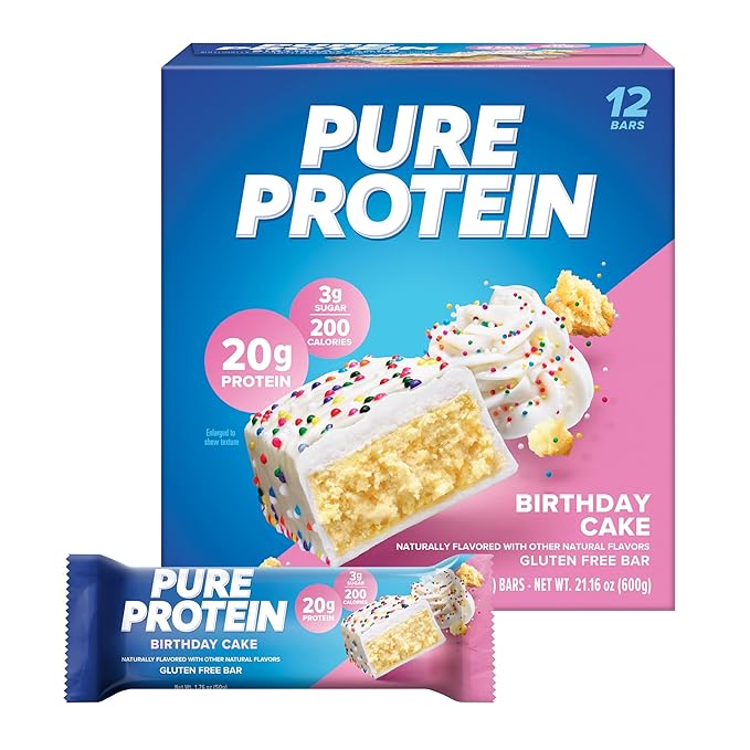 Pure Protein Bars, High Protein, Nutritious Snacks to Support Energy, Low Sugar, Gluten Free, Birthday Cake, 1.76 oz, Pack of 12