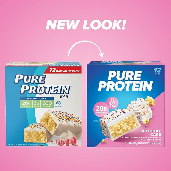 Pure Protein Bars, High Protein, Nutritious Snacks to Support Energy, Low Sugar, Gluten Free, Birthday Cake, 1.76 oz, Pack of 12