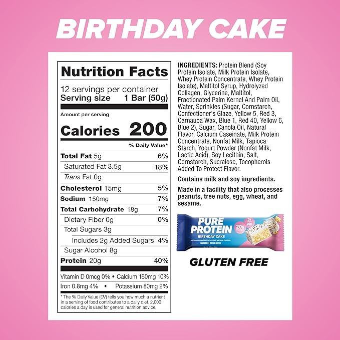 Pure Protein Bars, High Protein, Nutritious Snacks to Support Energy, Low Sugar, Gluten Free, Birthday Cake, 1.76 oz, Pack of 12