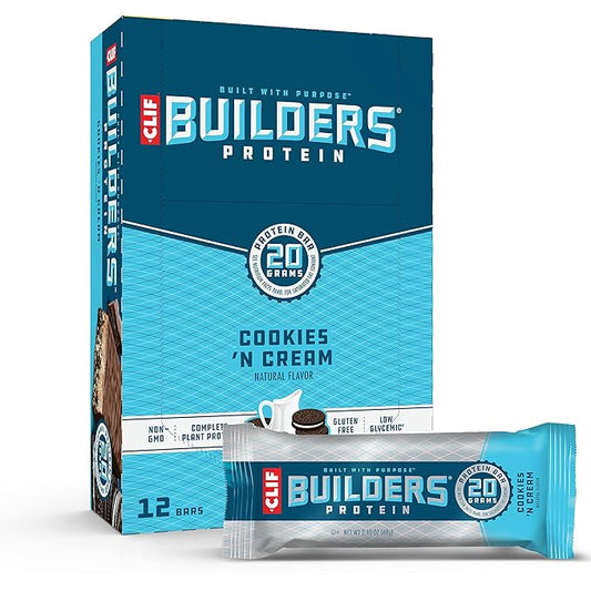 CLIF Builders - Cookies 'n Cream Flavor - Protein Bars - Gluten-Free - Non-GMO - Low Glycemic - 20g Protein - 2.4 oz. (12 Count)
