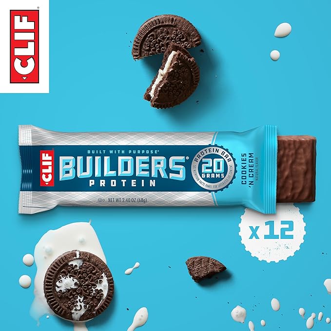 CLIF Builders - Cookies 'n Cream Flavor - Protein Bars - Gluten-Free - Non-GMO - Low Glycemic - 20g Protein - 2.4 oz. (12 Count)