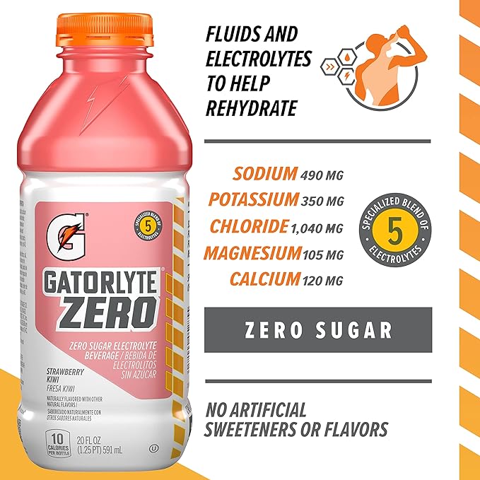 Gatorlyte Zero Electrolyte Beverage, Strawberry Kiwi, Zero Sugar Hydration, Specialized Blend of 5 Electrolytes, No Artificial Sweeteners or Flavors, 20oz Bottles (12 Pack)