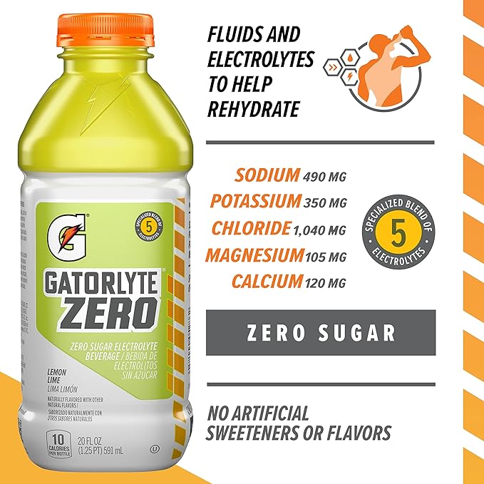 Gatorlyte Zero Electrolyte Beverage, Lemon Lime, Zero Sugar Hydration, Specialized Blend of 5 Electrolytes, No Artificial Sweeteners or Flavors, 20oz Bottles (12 Pack)