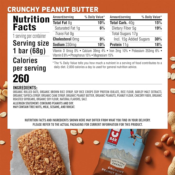 CLIF BAR - Crunchy Peanut Butter - Made with Organic Oats - Non-GMO - Plant Based - Energy Bars - 2.4 oz. (18 Pack)