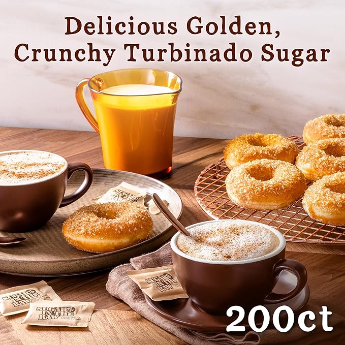 Sugar In The Raw Granulated Turbinado Cane Sugar On The Go Packet, Pure Natural Sweetener, Hot & Cold Drinks, Coffee, Cooking, Baking, Vegan, Gluten-Free, Non-GMO, 200 Count Packets