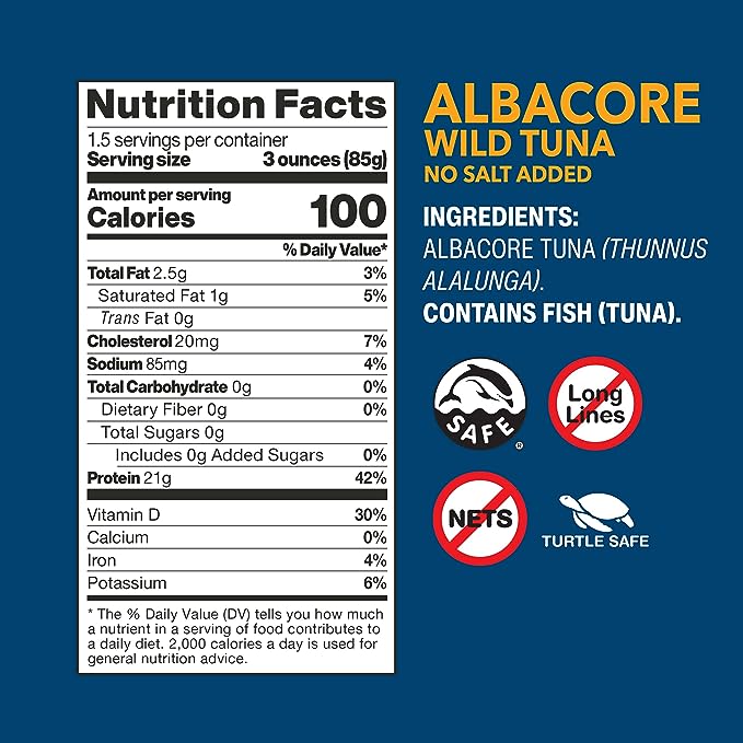 Wild Planet Wild Albacore Tuna, No Salt Added, Canned Tuna, Sustainably Wild-Caught, Non-GMO, Kosher 5 Ounce (Pack of 12)
