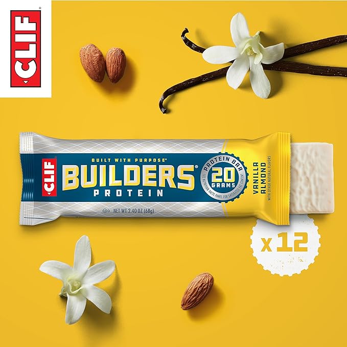 CLIF Builders - Vanilla Almond Flavor - Protein Bars - Gluten-Free - Non-GMO - Low Glycemic - 20g Protein - 2.4 oz. (12 Count)