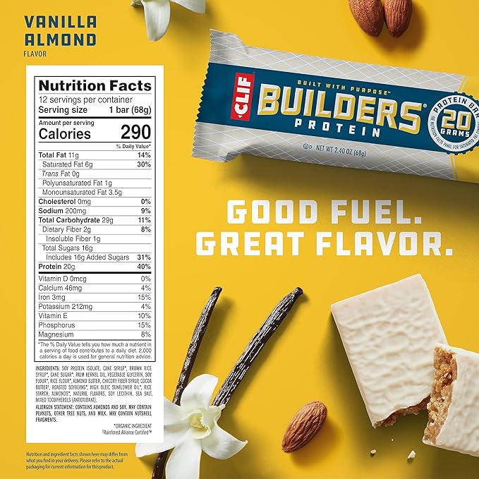 CLIF Builders - Vanilla Almond Flavor - Protein Bars - Gluten-Free - Non-GMO - Low Glycemic - 20g Protein - 2.4 oz. (12 Count)
