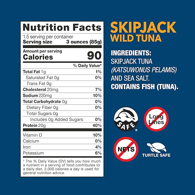 Wild Planet Skipjack Wild Tuna, Sea Salt, Canned Tuna, Pole & Line Sustainably Wild-Caught, Non-GMO, Kosher, 5 Ounce Can (Pack of 12)
