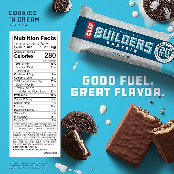 CLIF Builders - Cookies 'n Cream Flavor - Protein Bars - Gluten-Free - Non-GMO - Low Glycemic - 20g Protein - 2.4 oz. (12 Count)