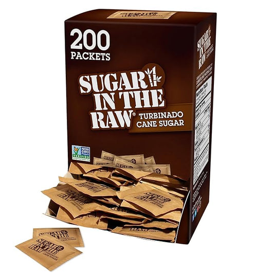 Sugar In The Raw Granulated Turbinado Cane Sugar On The Go Packet, Pure Natural Sweetener, Hot & Cold Drinks, Coffee, Cooking, Baking, Vegan, Gluten-Free, Non-GMO, 200 Count Packets