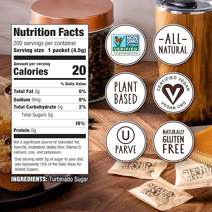 Sugar In The Raw Granulated Turbinado Cane Sugar On The Go Packet, Pure Natural Sweetener, Hot & Cold Drinks, Coffee, Cooking, Baking, Vegan, Gluten-Free, Non-GMO, 200 Count Packets